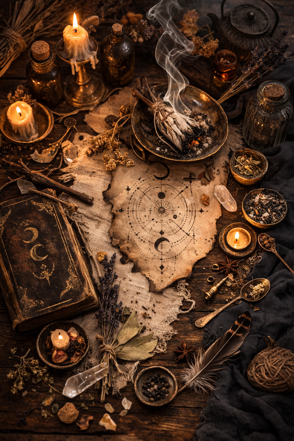 Witchcraft setup with candles, herbs, and books on a dark surface